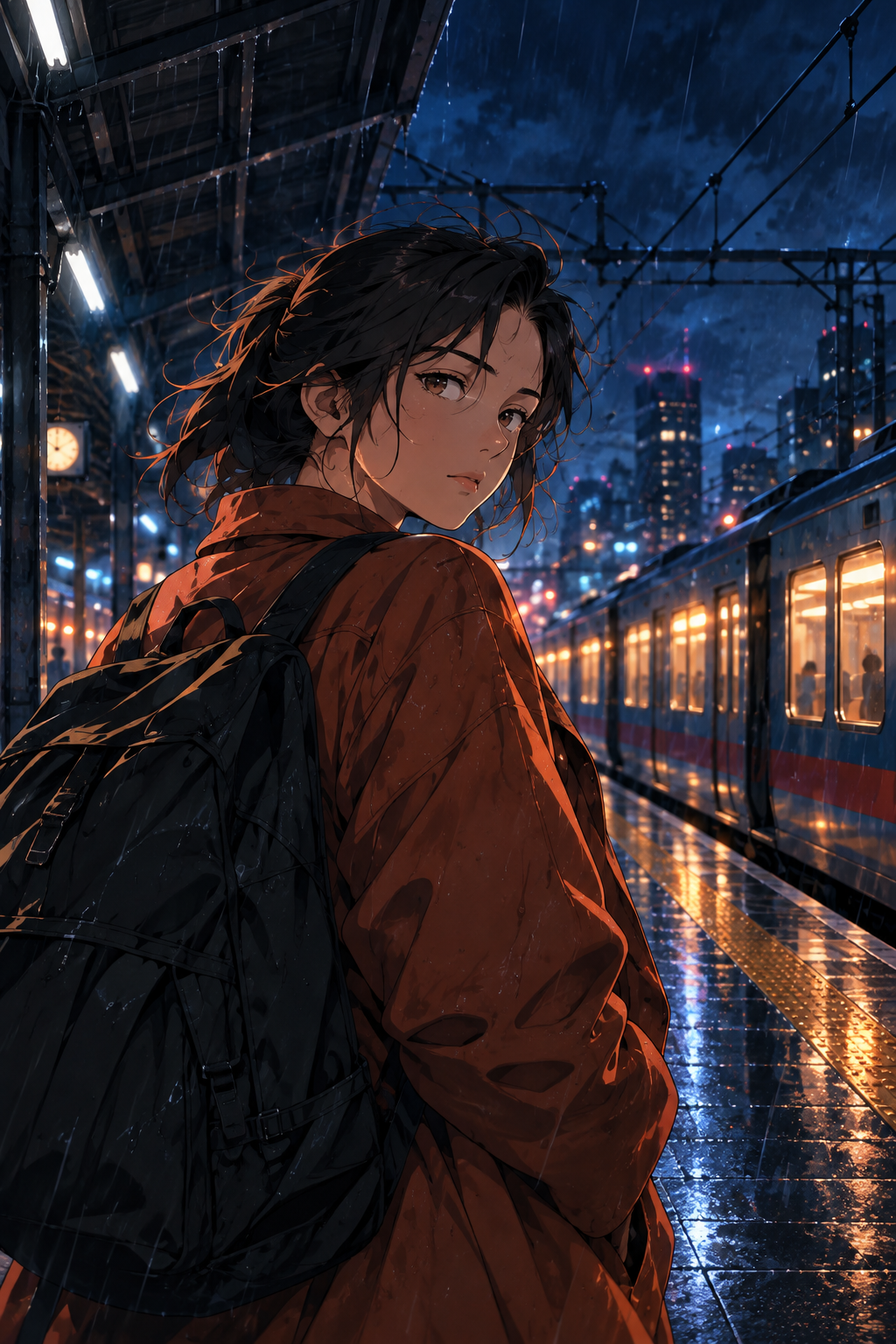 Anime concept art of a traveler on a rain-lit railway platform